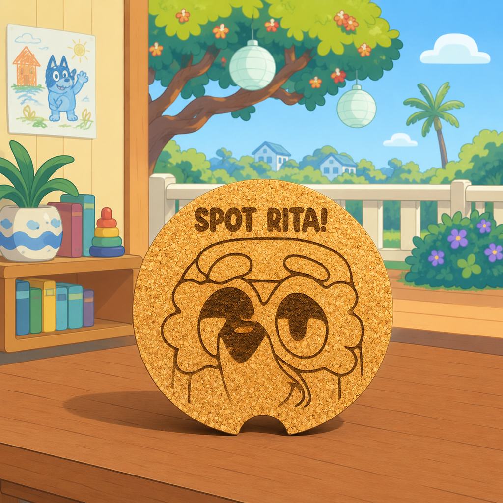 Bluey Inspired Cork Car Coasters | Laser Engraved Auto Cup Holder Coasters | Cute Cartoon Inspired Car Accessory Set