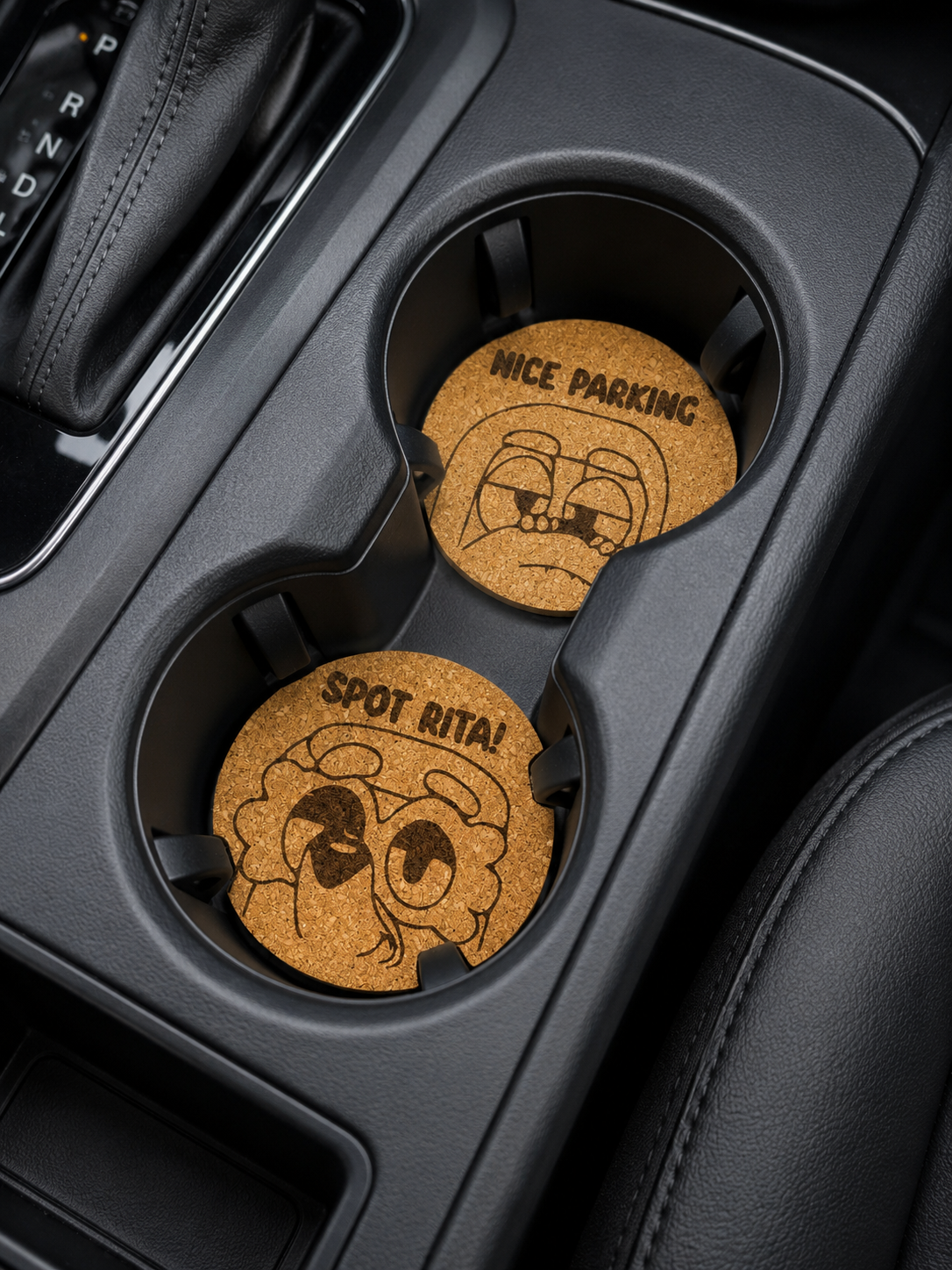 Bluey Inspired Cork Car Coasters | Laser Engraved Auto Cup Holder Coasters | Cute Cartoon Inspired Car Accessory Set