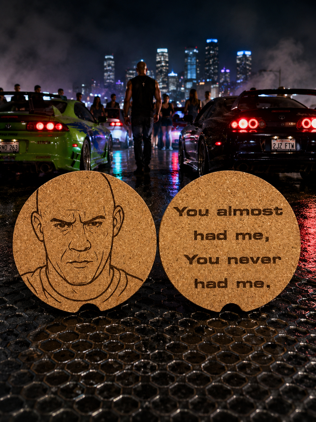 Fast & Furious Inspired Cork Car Coasters | Laser Engraved Car Cup Holder Accessories | JDM Car Gift